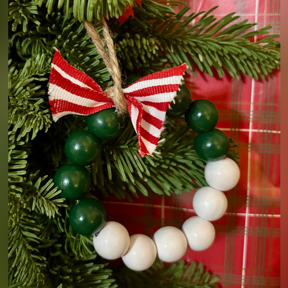 Festive Green and White Beaded Ornament Wreaths